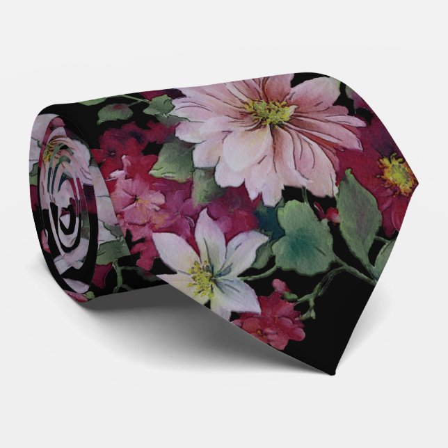 Blush Burgundy Black Floral Wedding Neck Tie (Rolled)