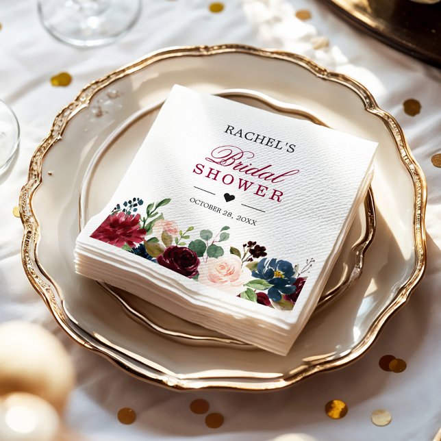 Blush Burgundy Blue Floral Chic Bridal Shower Napkins (Creator Uploaded)