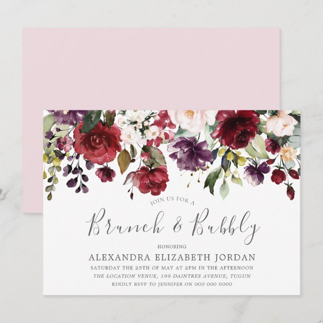 Blush & Burgundy Brunch & Bubbly Bridal Shower Invitation (Front/Back)