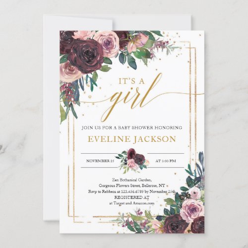 Blush burgundy dusty pink mauve floral gold frame  invitation