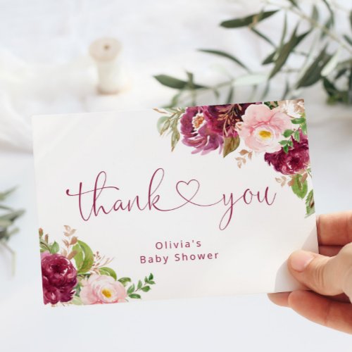 Blush burgundy fall floral baby shower thank you card