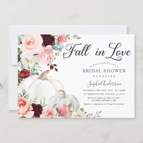 Blush Burgundy  Fall in Love Pumpkin Bridal Shower Invitation