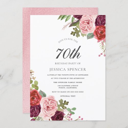 Blush  Burgundy Floral 70th Birthday Party Invite