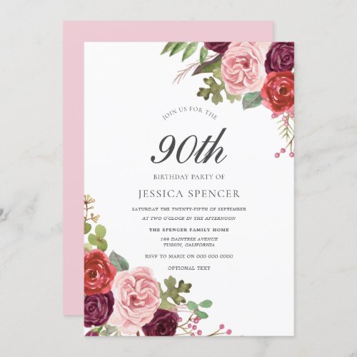 Blush  Burgundy Floral 90th Birthday Party Invite