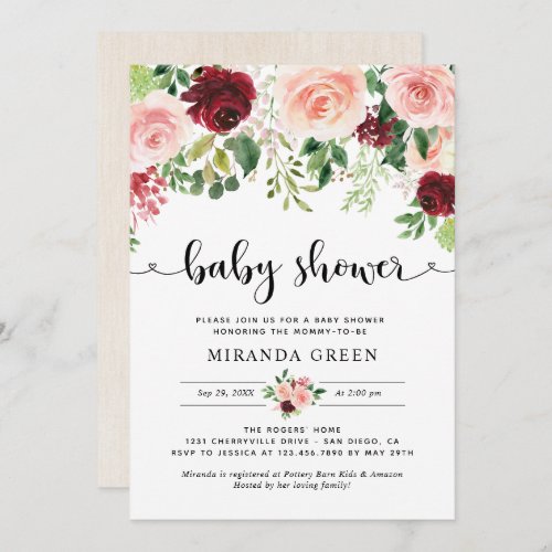 Blush Burgundy Floral Baby Shower Invitation