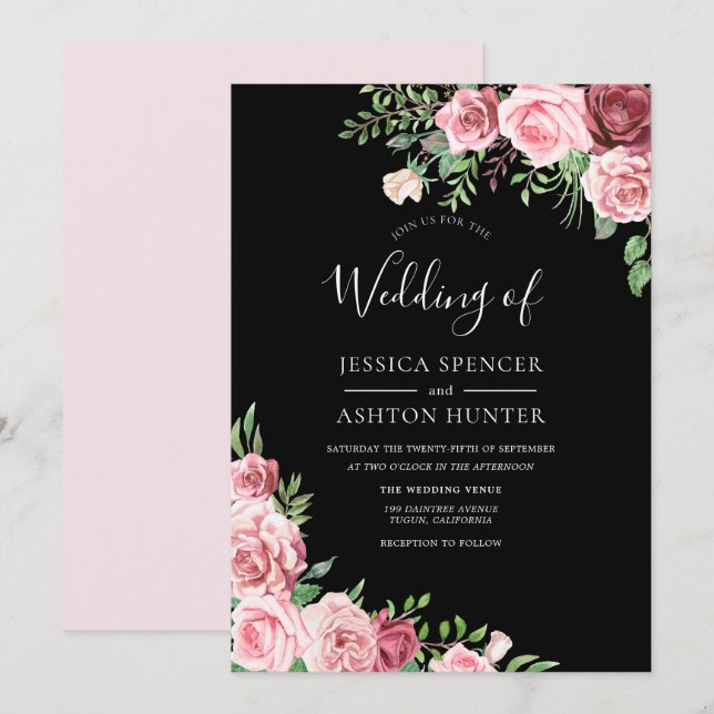 Blush Burgundy Floral Black Elegant Wedding Invite (Front/Back)