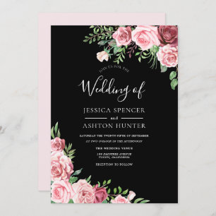 Blush Burgundy Floral Black Elegant Wedding Invite