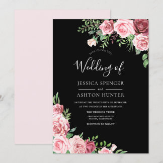Blush Burgundy Floral Black Elegant Wedding Invite