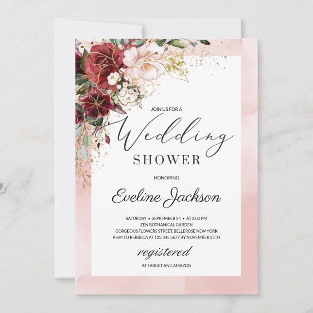 Blush Burgundy Floral Boho Wedding Shower Invite (Front)