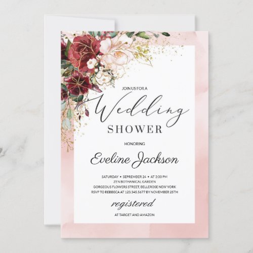 Blush Burgundy Floral Boho Wedding Shower Invite