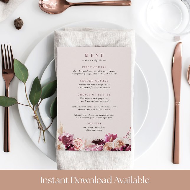 Blush & Burgundy Floral Border Menu Card (Creator Uploaded)