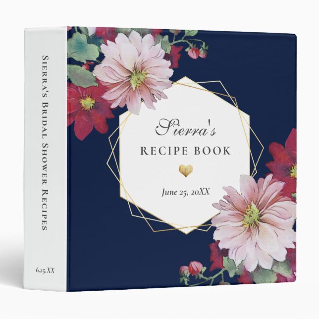 Blush Burgundy Floral Bridal Shower Recipe 3 Ring Binder (Front/Spine)