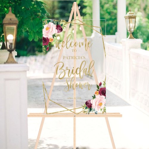 Blush Burgundy Floral Bridal Shower Welcome Acrylic Sign