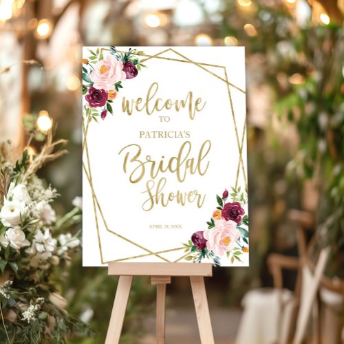 Blush Burgundy Floral Bridal Shower Welcome Sign