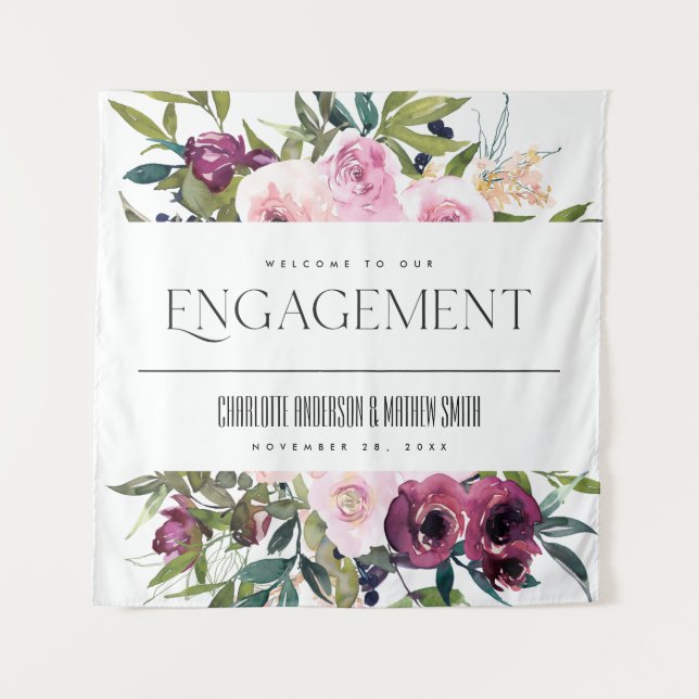  BLUSH BURGUNDY FLORAL BUNCH ENGAGEMENT WELCOME TAPESTRY (Front)
