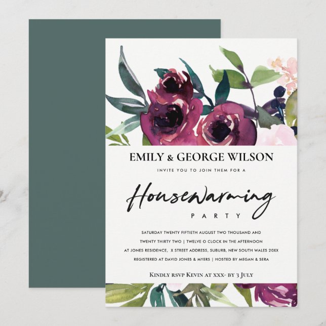 BLUSH BURGUNDY FLORAL BUNCH HOUSEWARMING PARTY INVITATION (Front/Back)