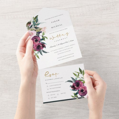 BLUSH BURGUNDY FLORAL BUNCH WATERCOLOR WEDDING ALL ALL IN ONE INVITATION