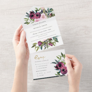 BLUSH BURGUNDY FLORAL BUNCH WATERCOLOR WEDDING ALL ALL IN ONE INVITATION