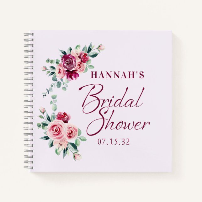 Blush Burgundy Floral Cake Bridal Shower Guest Notebook (Front)