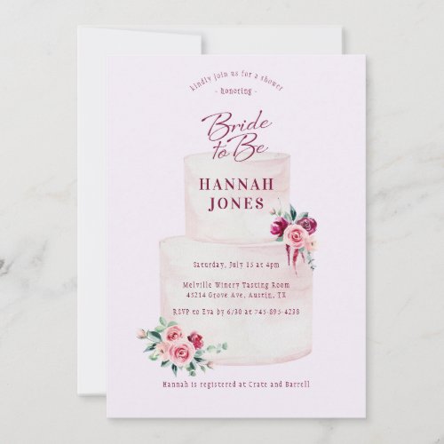 Blush Burgundy Floral Cake Bridal Shower Invitation