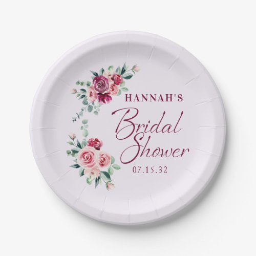 Blush Burgundy Floral Cake Bridal Shower Paper Plates