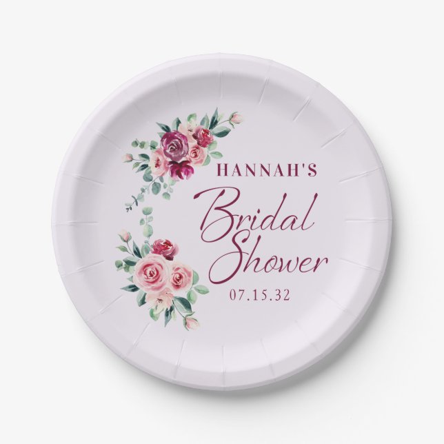 Blush Burgundy Floral Cake Bridal Shower Paper Plates (Front)