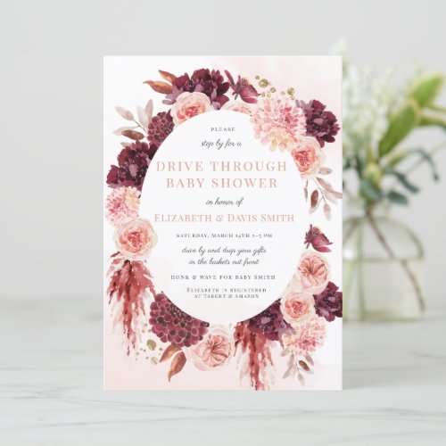 Blush Burgundy Floral Drive By Girl Baby Shower Invitation