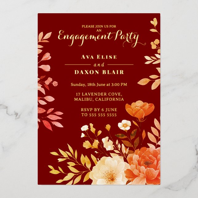 Blush Burgundy Floral Engagement Party Foil Invitation (Front)