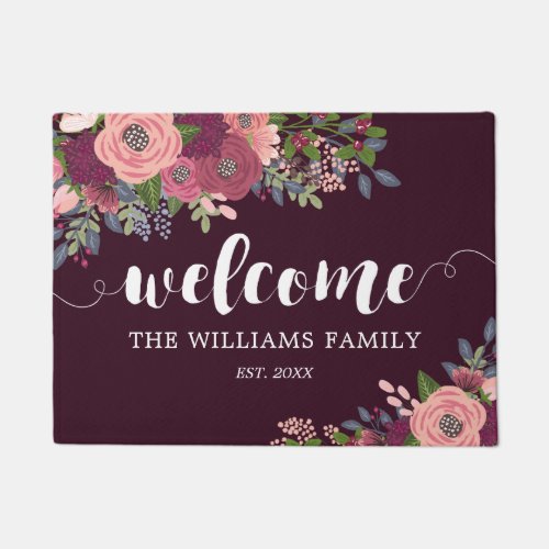 Blush Burgundy Floral Family Name Welcome Doormat