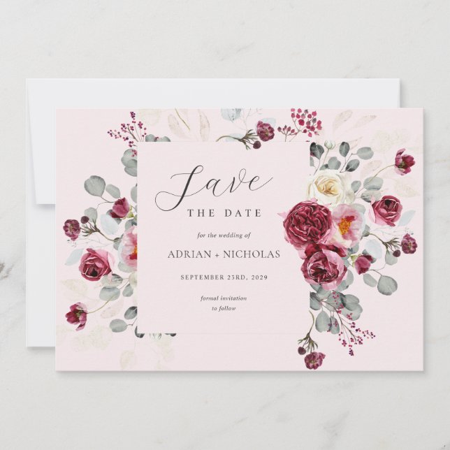 Blush & Burgundy Floral Frame Pink Wedding Save The Date (Front)