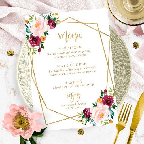 Blush Burgundy Floral Gold Bridal Shower Menu Invitation