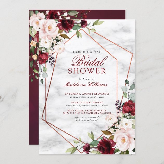 Elegant Floral Fall Bridal Shower Invitation,Burgundy,Blush,Roses,Calla Lillies,Rose Gold,Shimmery,Personalize,Printed Invitation