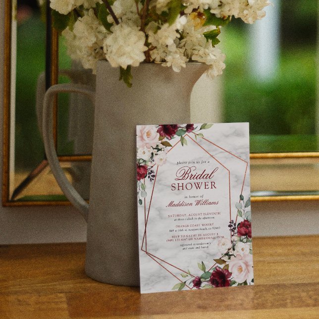 Blush Burgundy Floral Gold Frame Bridal Shower Invitation (Creator Uploaded)