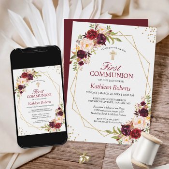 Blush Burgundy Floral Gold Frame First Communion Invitation by CardHunter at Zazzle