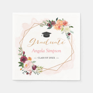 Blush Burgundy Floral Gold Frame Graduation Party Paper Napkins