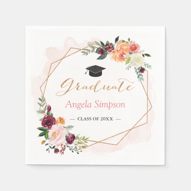 Blush Burgundy Floral Gold Frame Graduation Party Paper Napkins (Front)