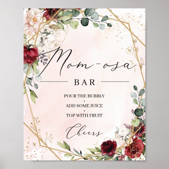 Blush burgundy floral gold frame Mom-osa bar sign (Front)