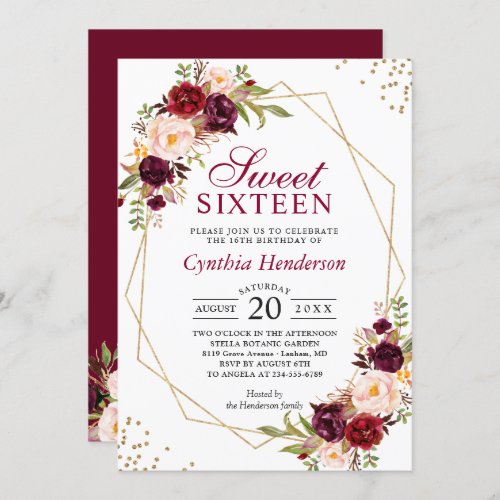 Blush Burgundy Floral Gold Frame Sweet Sixteen 16 Invitation