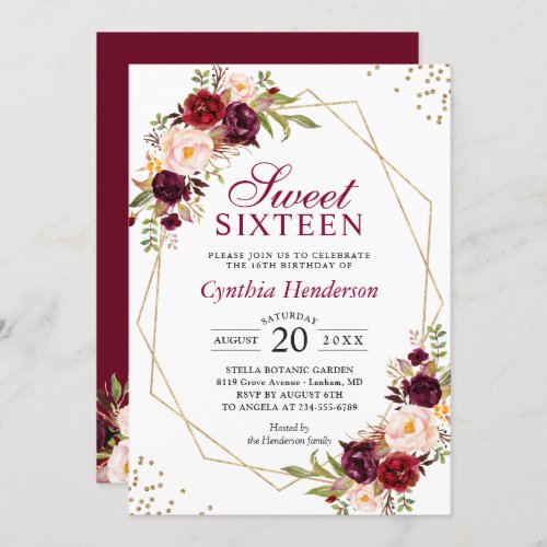 Blush Burgundy Floral Gold Frame Sweet Sixteen 16 Invitation - Blush Burgundy Floral Gold Frame Sweet Sixteen 16th Birthday Invitation. 
(1) For further customization, please click the "customize further" link and use our design tool to modify this template. 
(2) If you prefer Thicker papers / Matte Finish, you may consider to choose the Matte Paper Type. 
(3) If you need help or matching items, please contact me.