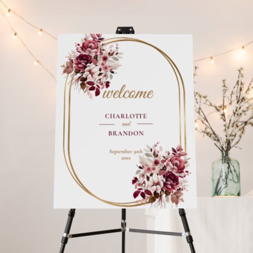 Blush Burgundy Floral Gold Frame Wedding Welcome  Foam Board