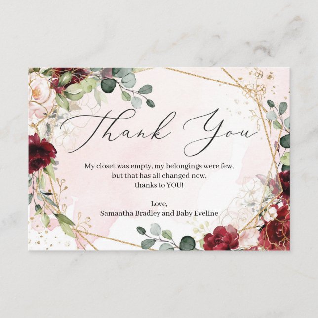 Blush burgundy floral gold geometric Baby Shower Enclosure Card (Front)