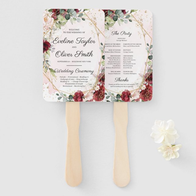 Blush burgundy floral gold geometric program hand fan (Front and Back)