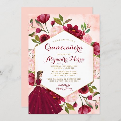 Blush Burgundy Floral Gold Gown Quinceanera Invitation