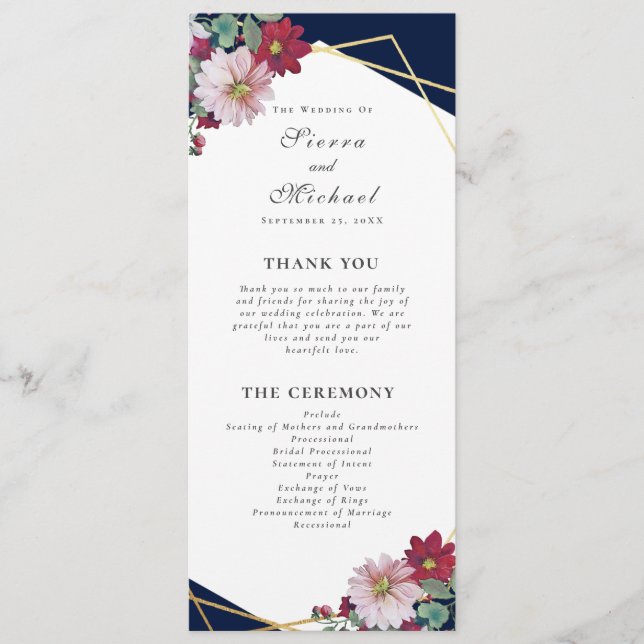 Blush Burgundy Floral Gold Navy Blue Wedding Program (Front)