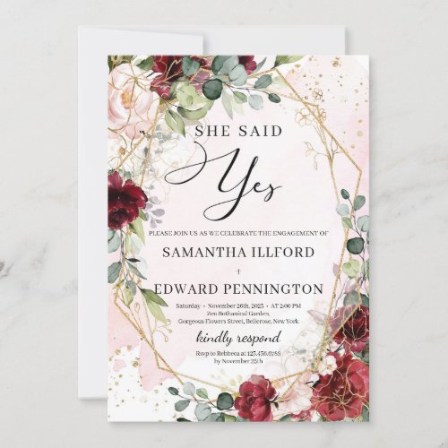 Blush burgundy floral gold she said yes engagement invitation