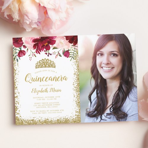 Blush Burgundy Floral Gold Tiara Quinceanera Photo Invitation