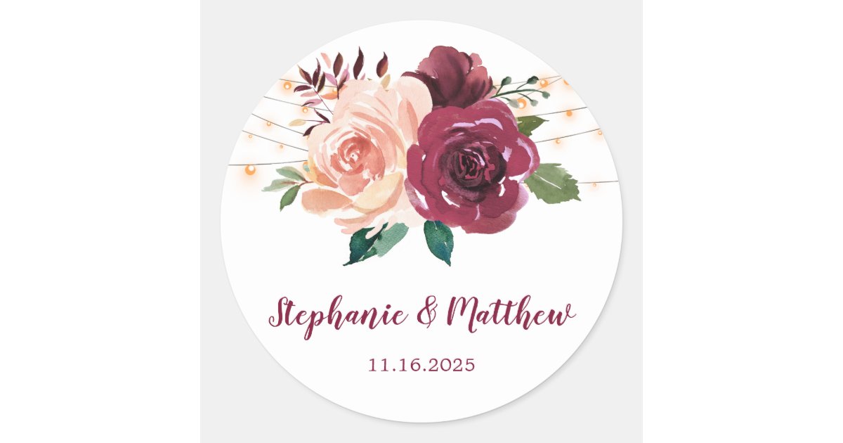 Blush Burgundy Floral Lights Watercolor Wedding Classic Round Sticker ...