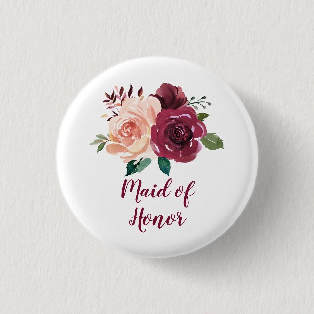 Blush Burgundy Floral Maid Of Honor Button (Front)