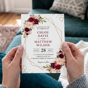 Blush Burgundy Floral Modern Gold Frame Wedding Invitation