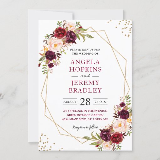 Blush Burgundy Floral Modern Gold Frame Wedding Invitation | Zazzle